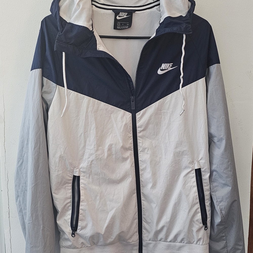 Nike Windbreaker Jacket Small Navy Gray White Hooded Full Zip Jacket - Picture 2 of 8